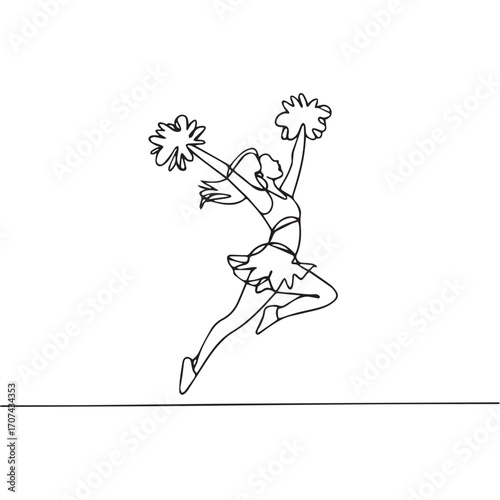 Continuous Simple black line art drawing of a Cheerleader dance in a minimalist style on a white background.