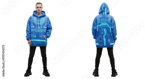 Young man in a blue oversized hoodie with a futuristic circuit board design.