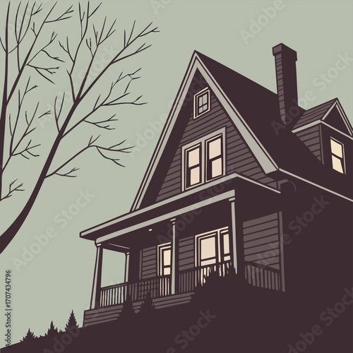 Illustration of a house with porch tree and chimney showcasing architecture building home and residential design | editable eps