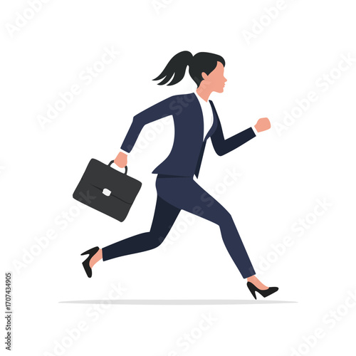 Businesswoman hurrying, briefcase in hand, power suit, determined stride.