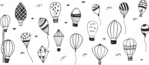 Hot Air Balloon Vector Icons Set – Black and White Silhouettes Collection
