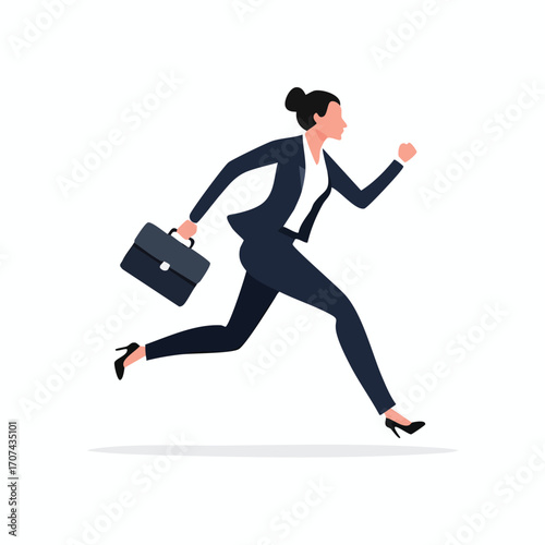 A businesswoman in a dark suit runs purposefully, briefcase in hand, conveying urgency and ambition.