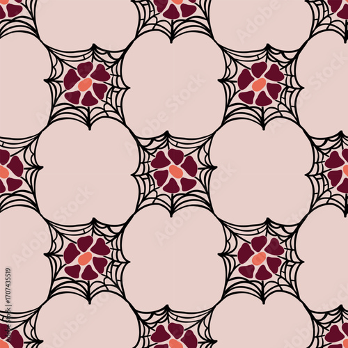 Elegant Halloween seamless pattern with square spiderwebs and flowers in deep red and orange tones on a soft pink background. Combines gothic and botanical elements in a modern, artistic style. 