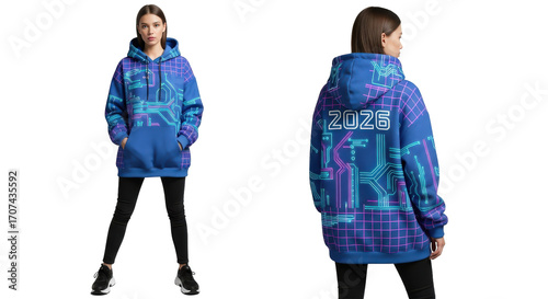 Woman in Blue Graphic Hoodie and Black Leggings Posing.