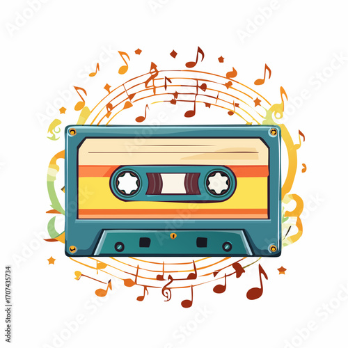 Vector illustration of a retro cassette tape unraveling into music notes, colorful and nostalgic style for vintage-themed T-shirts
