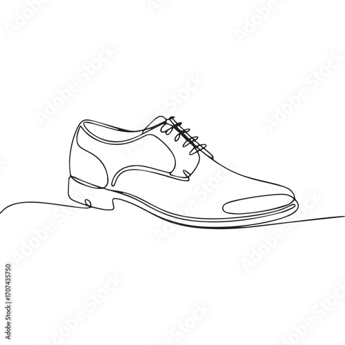 Continuous Simple black line art drawing of a oxford shoes in a minimalist style on a white background.