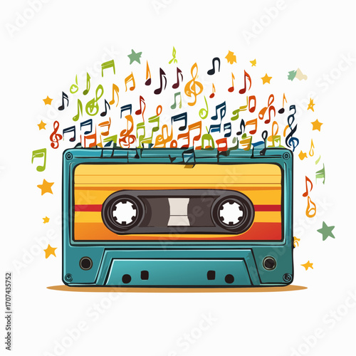 Vector illustration of a retro cassette tape unraveling into music notes, colorful and nostalgic style for vintage-themed T-shirts
