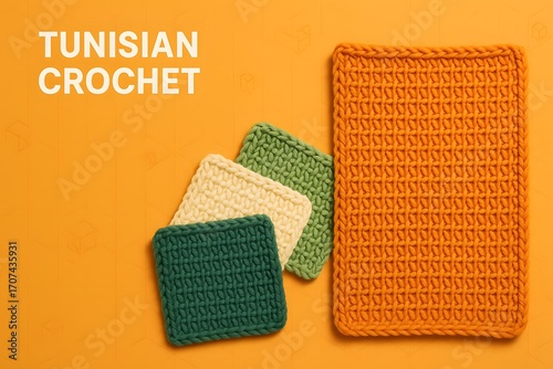 Colorful Tunisian Crochet Stitch Display with Yarn for Craft Tutorials