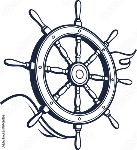 Ship Steering Wheel Icon | Vintage Nautical Helm Vector | Maritime Retro Illustration