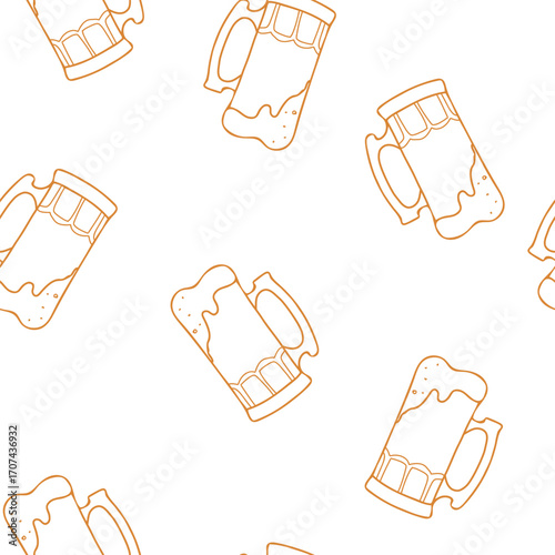 Beer Octoberfest Seamless pattern. Full beer mugs with a foam. Hand drawn brown line graphic Vector illustration in Doodle style isolated on background. For St. Patricks Day and Traditional German