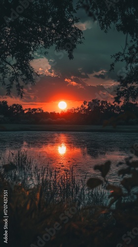 Sunset over a lake, framed by trees