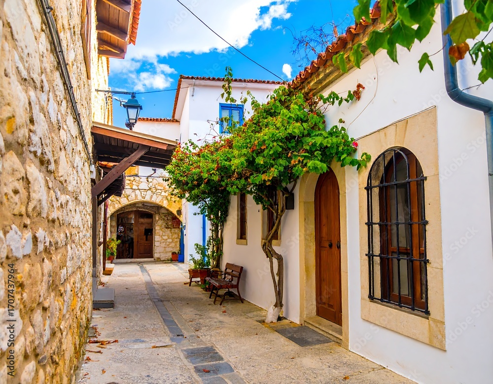 Obraz premium Quaint alleyway lined with whitewashed buildings
