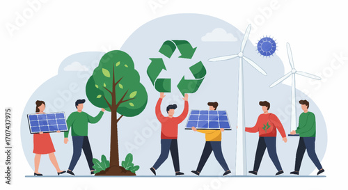 Conceptual illustration of people supporting green energy, recycling, and reforestation for a sustainable future