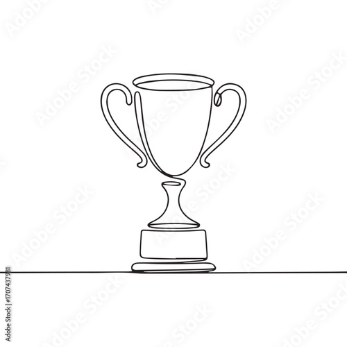 Continuous Simple black line art drawing of a champion trophy in a minimalist style on a white background.