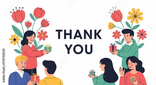 Cheerful characters exchanging festive presents in a vibrant floral atmosphere, a concept illustrating kindness, generosity, and appreciation