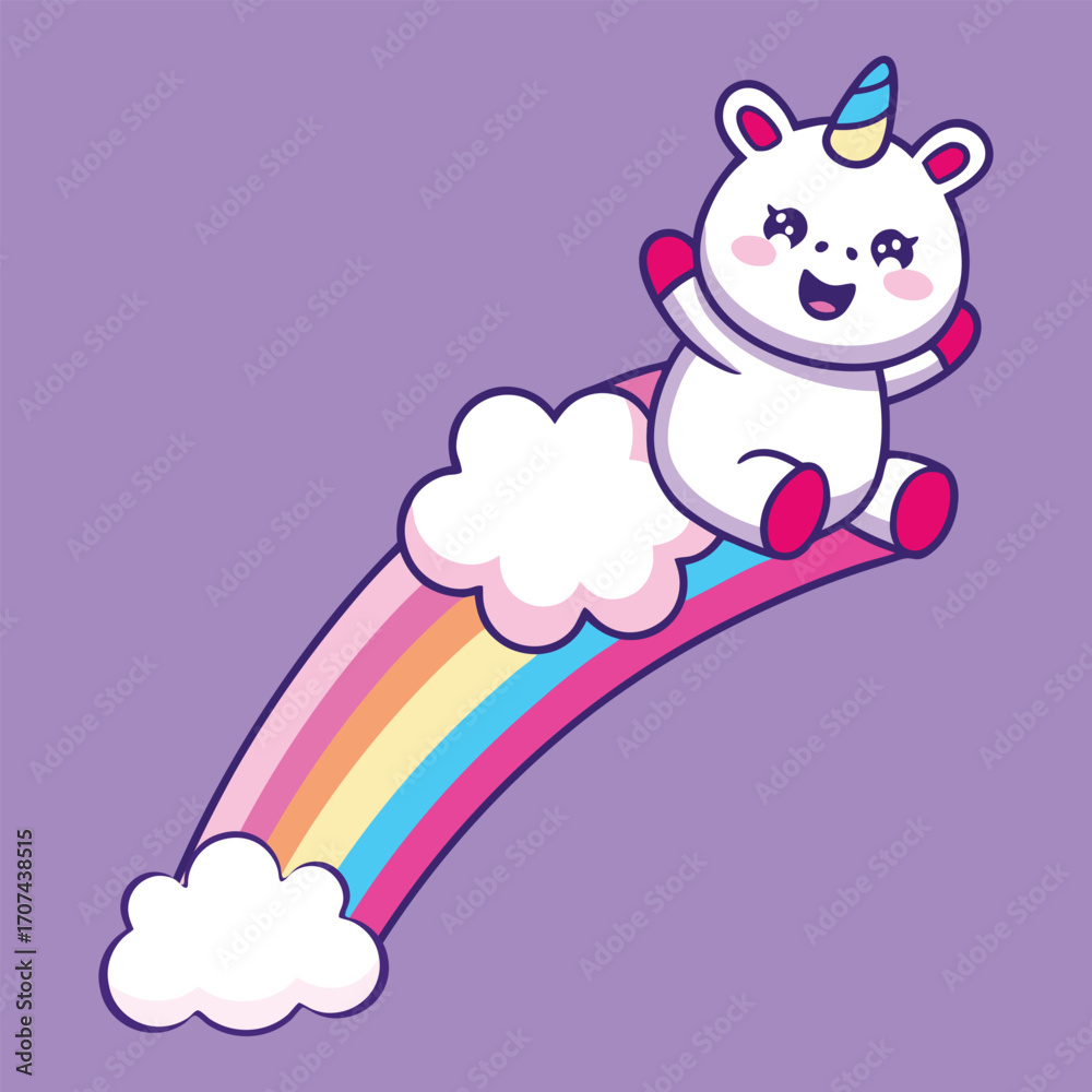 Fototapeta premium Adorable Cartoon Unicorn With A Rainbow On A Lavender Background Suitable For Children Illustration Or Design
