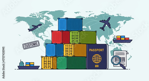 Flat design vector concept of the worldwide supply chain, international freight delivery, and customs brokerage for global business