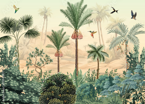 Wallpaper Jungle and Leaves Tropical Forest Mural Parrot and Birds Butterflies Old Drawing Vintage Background.
