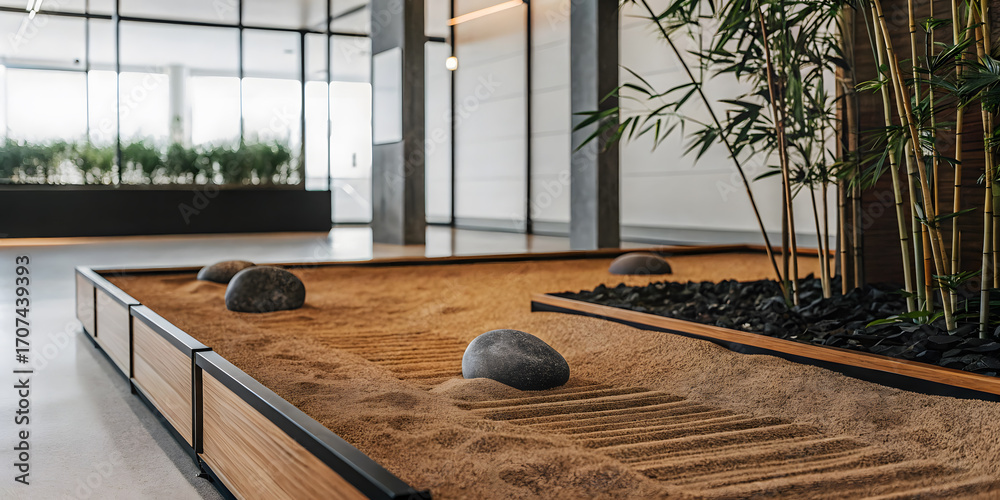 custom made wallpaper toronto digitalmental health awareness concept for work life balance. wide angle shot of a peaceful zen garden in an office.