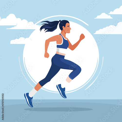 A woman in athletic wear runs against a light blue sky and white circle backdrop, showcasing fitness and activity.