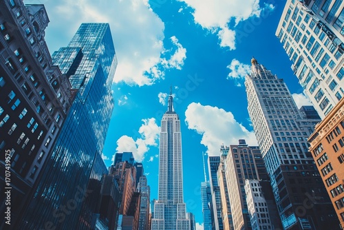 Low angle view of skyscrapers and Empire State Building, New York City