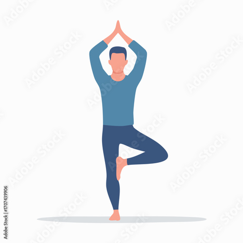Man performing a yoga tree pose,  illustration of a balanced posture.