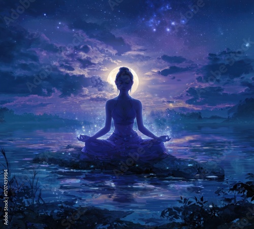 Ethereal digital art Silhouetted woman meditates in lotus position on a rock surrounded by water beneath a glowing moon and starry night sky