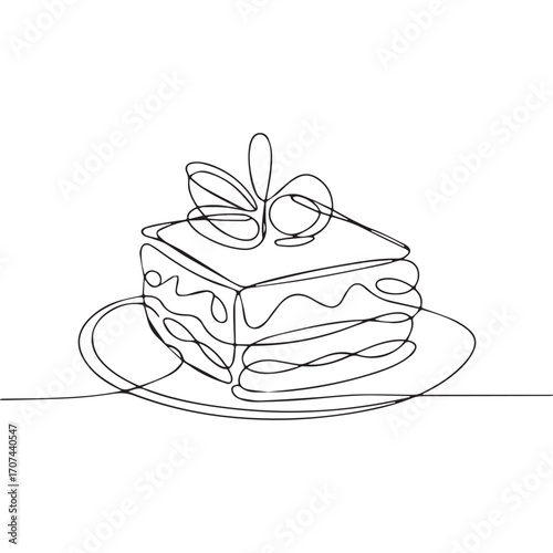 Continuous Simple black line art drawing of a lasagna in a minimalist style on a white background.