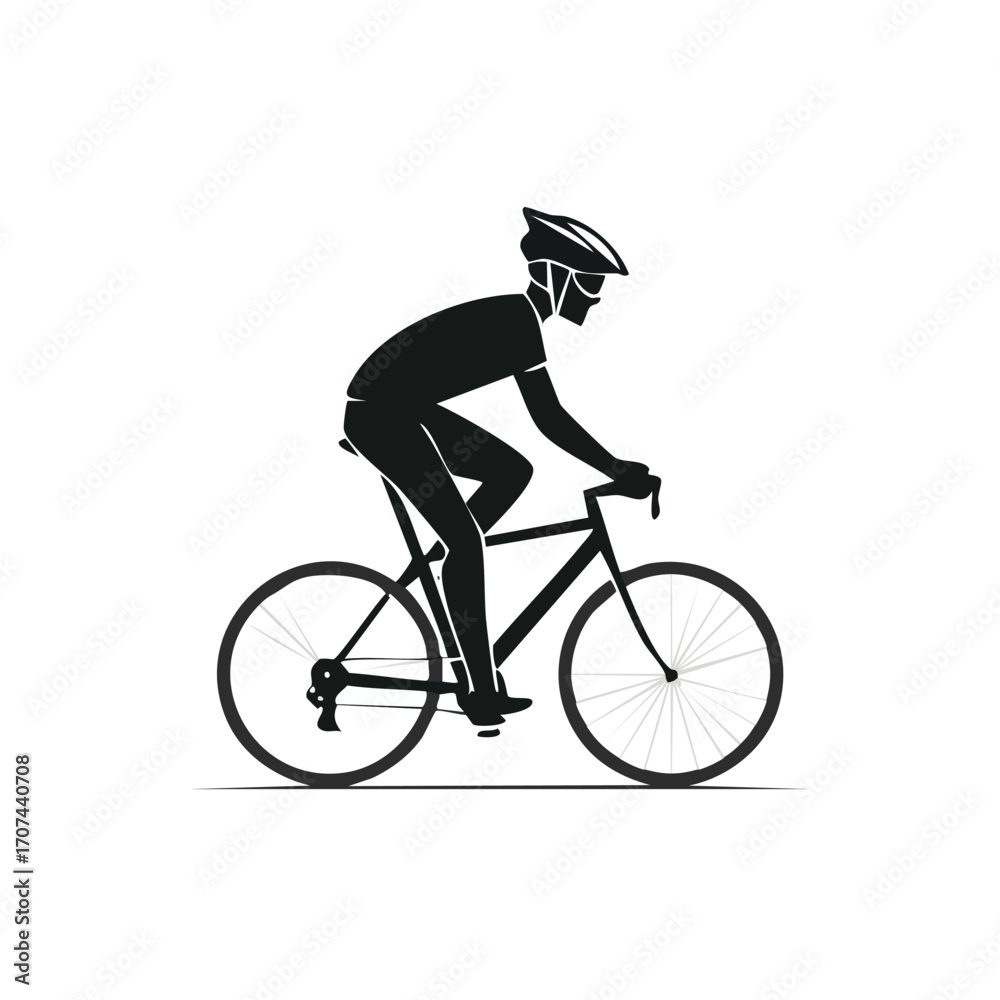Naklejka premium Silhouette of a cyclist wearing a helmet riding a road bike in profile, against a white background.