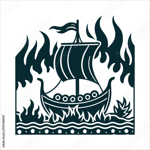 Viking Ship Funeral Pyre Silhouette Illustration Norse Funeral Pyre A flaming ship outline