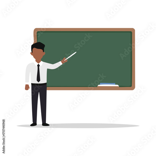 Illustration of a teacher with dark skin pointing at a green chalkboard with chalk and an eraser.