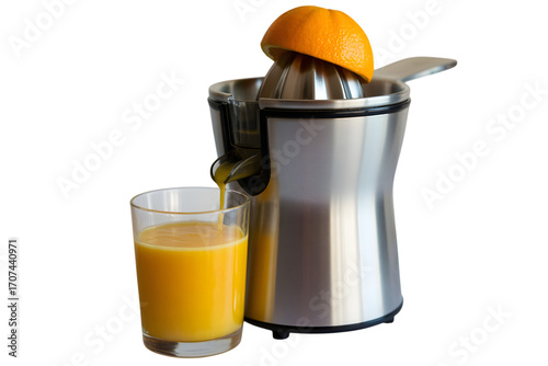 Orange juicer machine with a glass of fresh juice isolated on transparent background