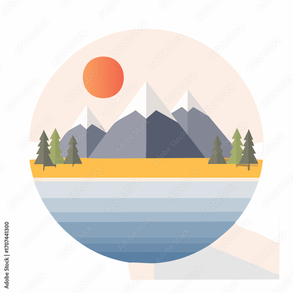 Naklejka premium Mountain lake at dawn, morning light and sun, minimalist landscape, vector illustration