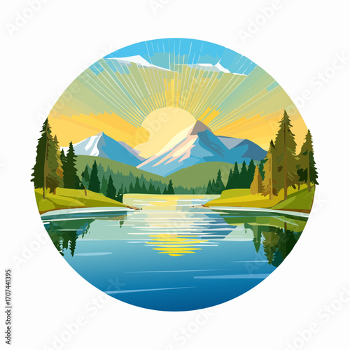 Mountain lake at dawn, morning light and sun, minimalist landscape, vector illustration