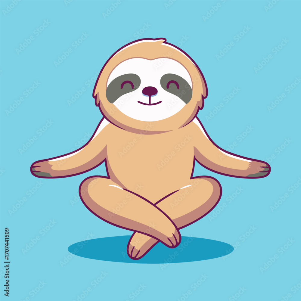 Obraz premium Cute Cartoon Sloth Meditating In Lotus Position Achieving Zen Peacefulness On A Vibrant Blue Background, Promoting Wellness.