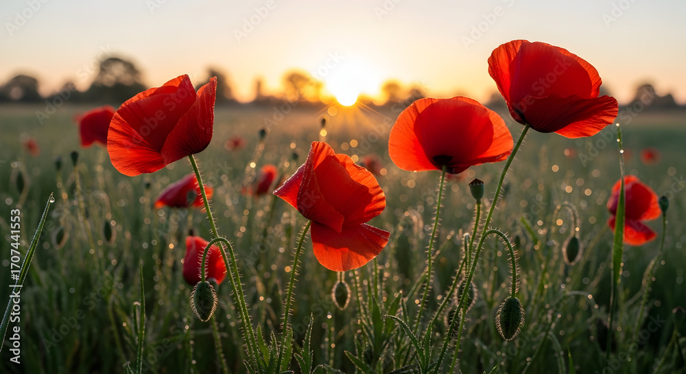 Obraz premium A vibrant field of red poppies at sunrise, glistening with dew in the golden light that creates a