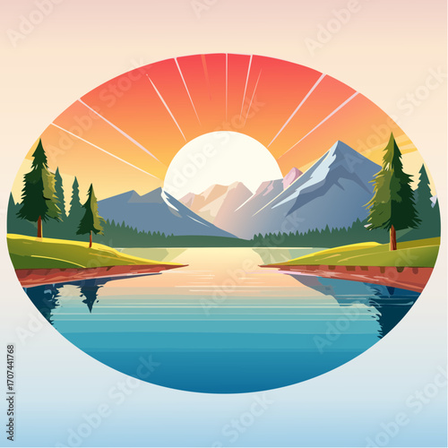 Mountain lake at dawn, morning light and sun, minimalist landscape, vector illustration