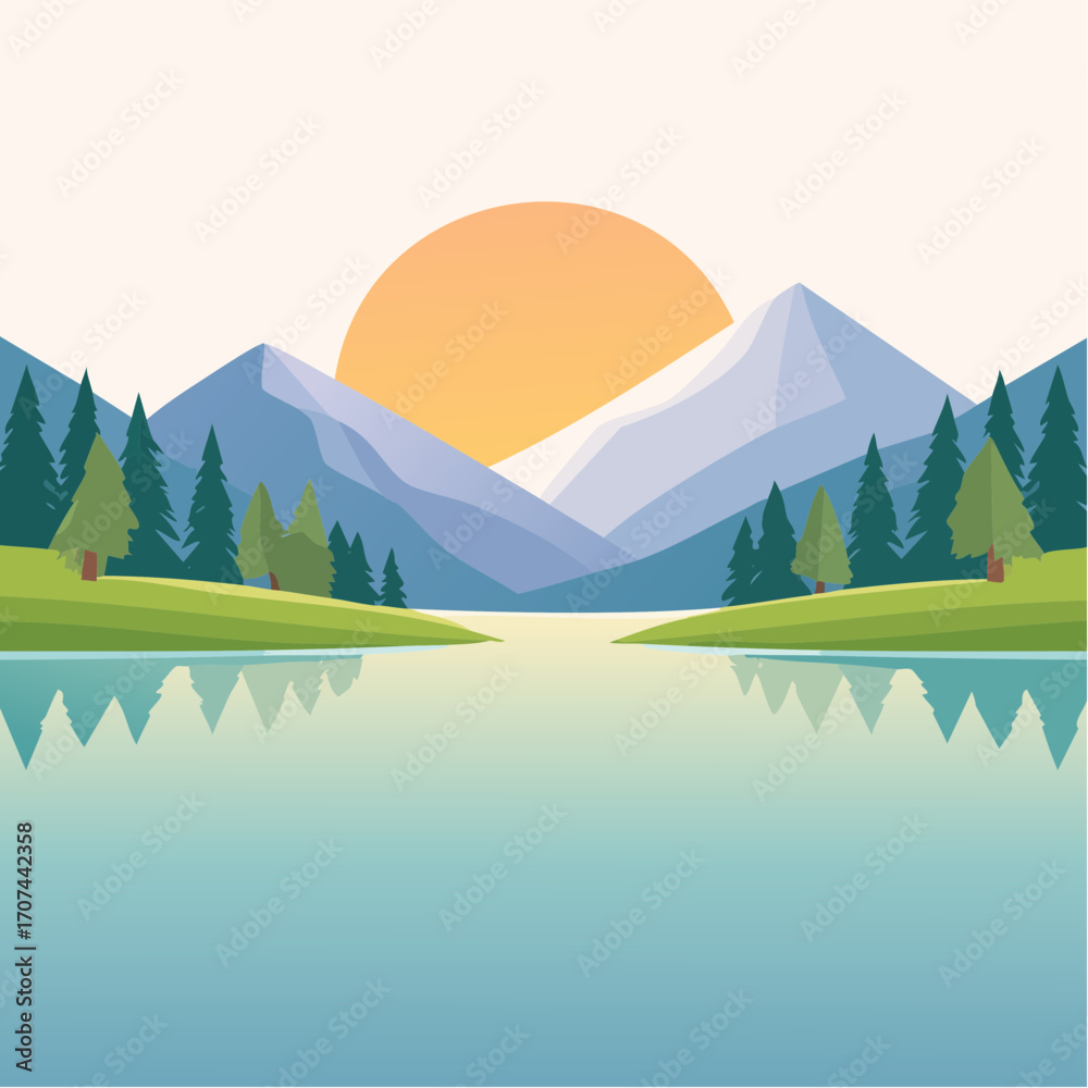Naklejka premium Mountain lake at dawn, morning light and sun, minimalist landscape, vector illustration