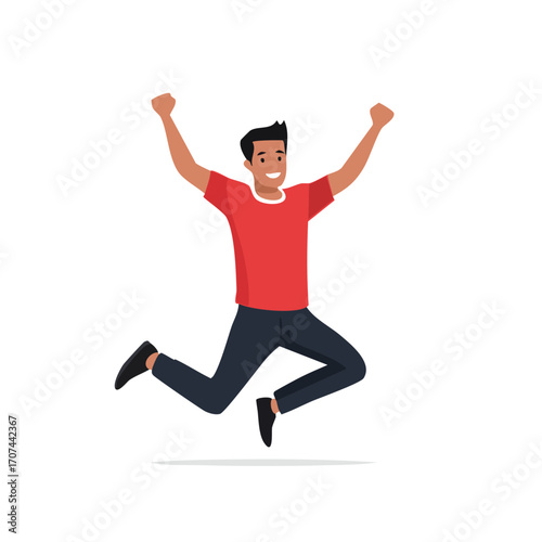 Animated illustration of a happy man jumping with arms raised in celebration.