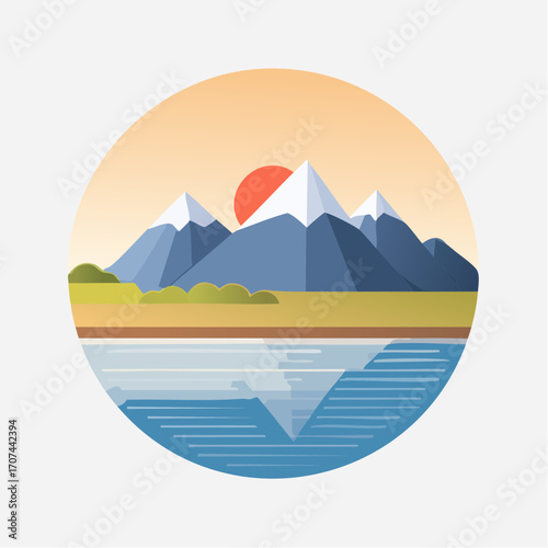 Mountain lake at dawn, morning light and sun, minimalist landscape, vector illustration