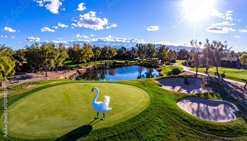 Fototapeta Naklejka Na Ścianę i Meble -  Panoramic golf course with swan