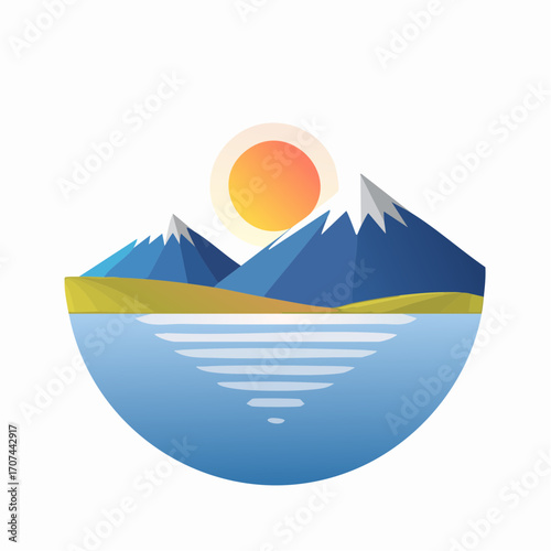 Mountain lake at dawn, morning light and sun, minimalist landscape, vector illustration