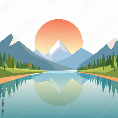 Mountain lake at dawn, morning light and sun, minimalist landscape, vector illustration