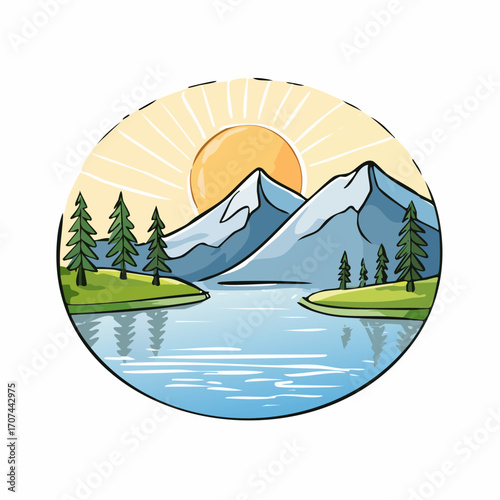 Mountain lake at dawn, morning light and sun, minimalist landscape, vector illustration