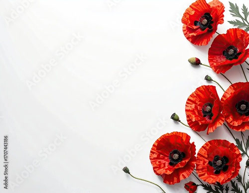 Red poppy flowers arranged in a corner border on a white background