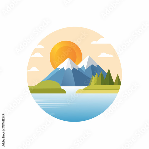 Mountain lake at dawn, morning light and sun, minimalist landscape, vector illustration