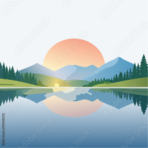Mountain lake at dawn, morning light and sun, minimalist landscape, vector illustration
