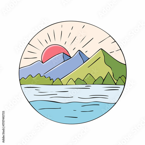 Mountain lake at dawn, morning light and sun, minimalist landscape, vector illustration