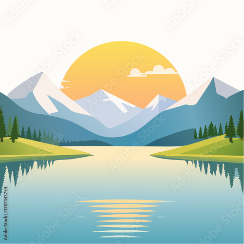 Mountain lake at dawn, morning light and sun, minimalist landscape, vector illustration