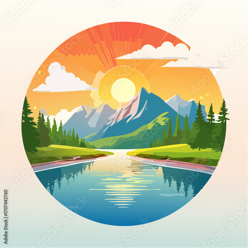 Mountain lake at dawn, morning light and sun, minimalist landscape, vector illustration